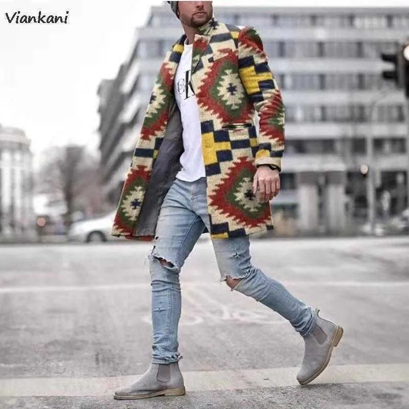 Men's Fur Faux Fur Men's Trench Coat 2022 Autumn New Long sleeve Single-breasted lapel Jackets Fashion Floral Print Lapel Mid-Length Casual Coats T221007