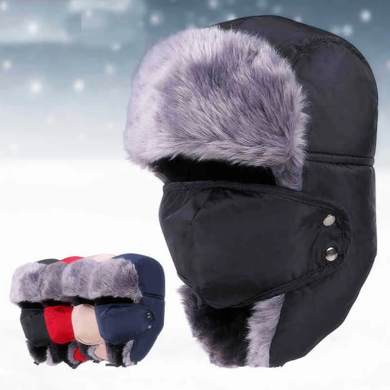 Cykelmössor masker 2021 Nya vinterbomberhattar Ushanka ryska päls hatt varmt förtjockat öronflikar mössa för män kvinnor mask balaclava l221014