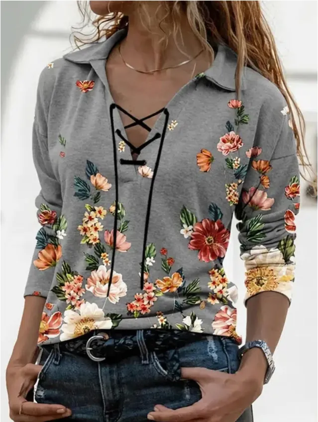 Camiseta para mujeres casual V cuello estampado manga larga camiseta de moda suelta
