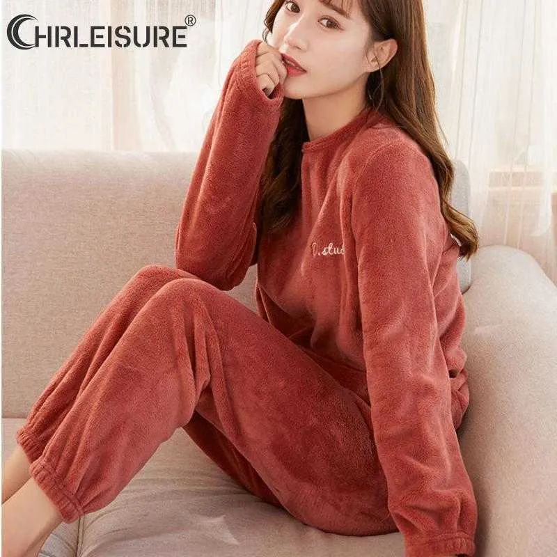 Women's Sleep Lounge Autumn Winter Warm Fleece Pajamas Sets Solid Casual Coral Sleepwear Top and Pants 2 Piece Set Homesuit Lounge Wear T221017