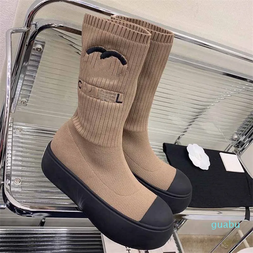 Fall Designer Womens Flying Sock Boots Platform Shoes Rib Knit Black Retro Ankle High Boot Stretch Outdoor Casual Shoes