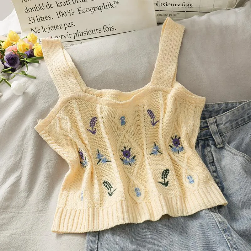 Kvinnors tankar Kvinnor Summer Sticked Crop Top 2022 Chic Brodery Floral Vest Tank Casual Stylish Short Tube Tops