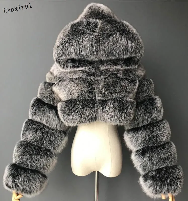 Mulheres Faux Fur Furry Cropped Faux Fur Casacats And Jackets Top Casat com casacos de pele de inverno com capuz Mantéau femme