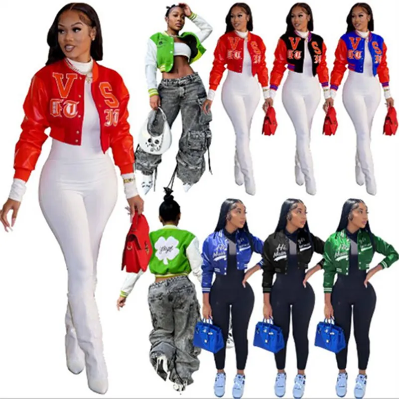 2022 Femmes Bomber Veste Automne Baseball Uniforme Manteau Court À Manches Longues Lettre Imprimer Articles En Vrac En Gros Lots Y2k Simple Boutonnage Outwear K10496