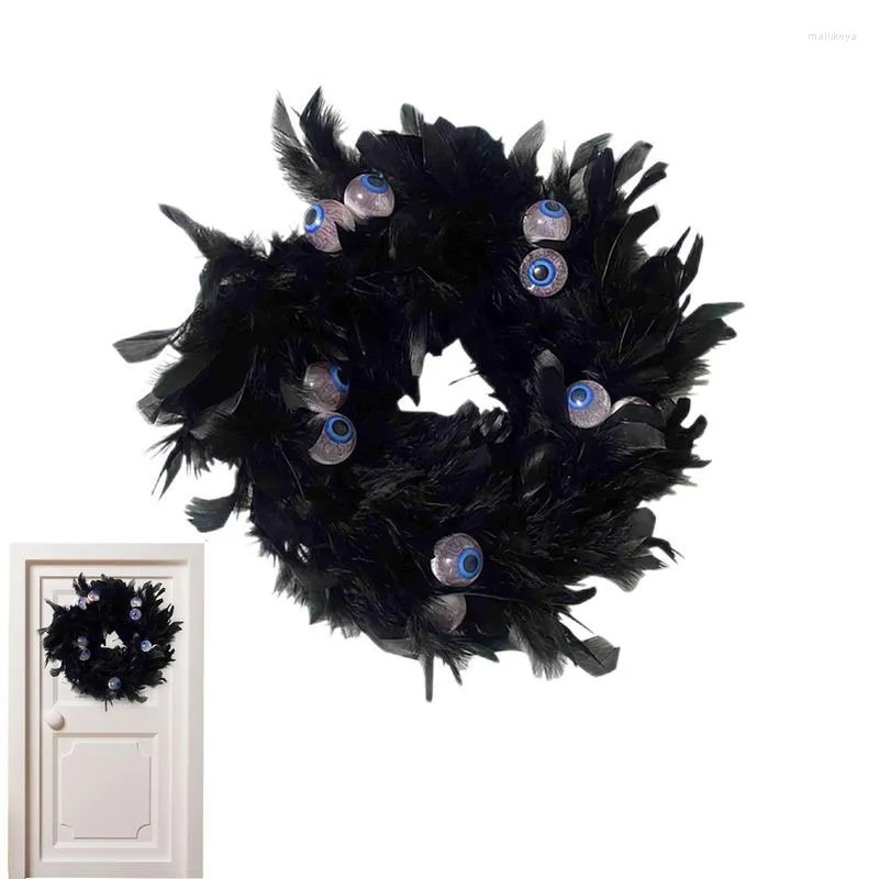 Couronne de fleurs décoratives noires pour Halloween, couronnes de plumes avec yeux bleus, décor de porte d'entrée d'automne, fournitures de fête Po