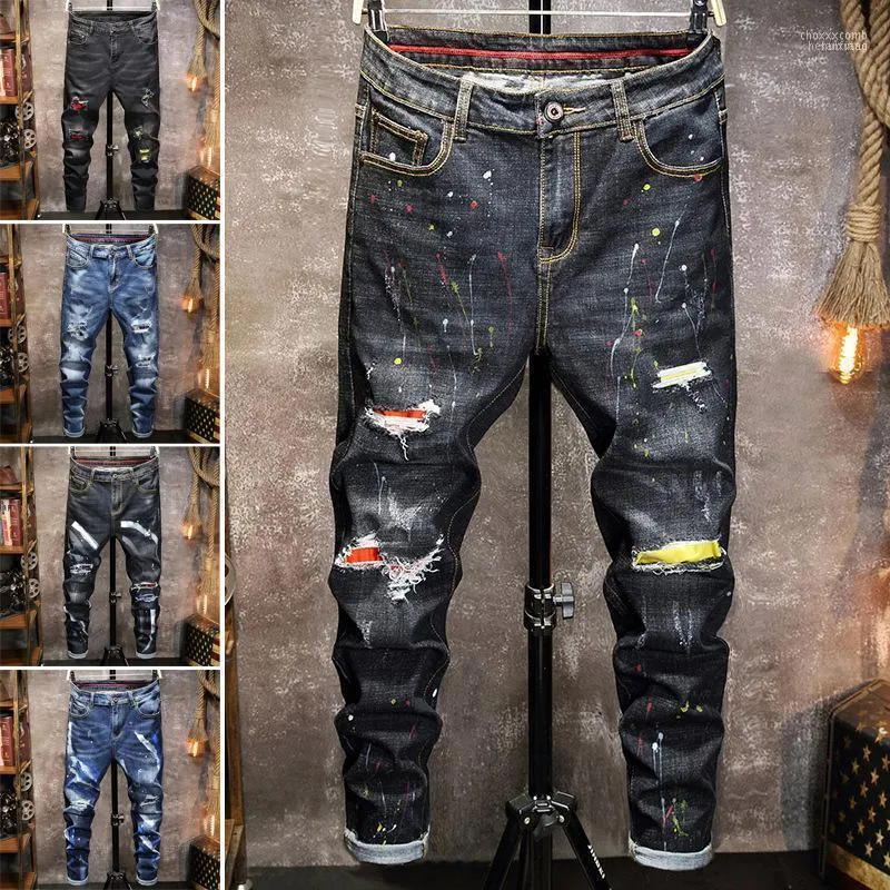 Erkekler Kot erkek damlası bisikletçisi sıkıntılı streç yırtılmış erkekler hip hop ince fit delikleri punk denim pamuk pantolon1