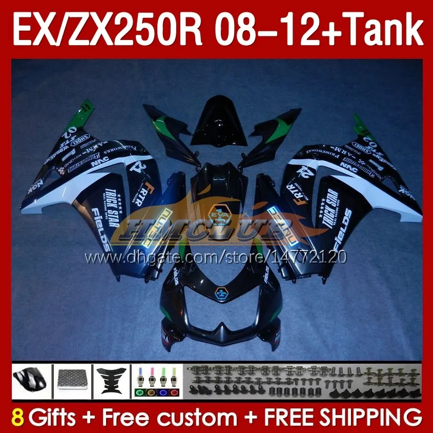 カワサキニンジャEX250R ZX250R 2008 2008 2009の注射フェアリングスタンク2010 2011 2012 ZX250 EX250 R 163NO.95 ZX-250R 08-12 EX ZX 250R 08 09 10 11 12 OEMフェアリングブラックホワイト