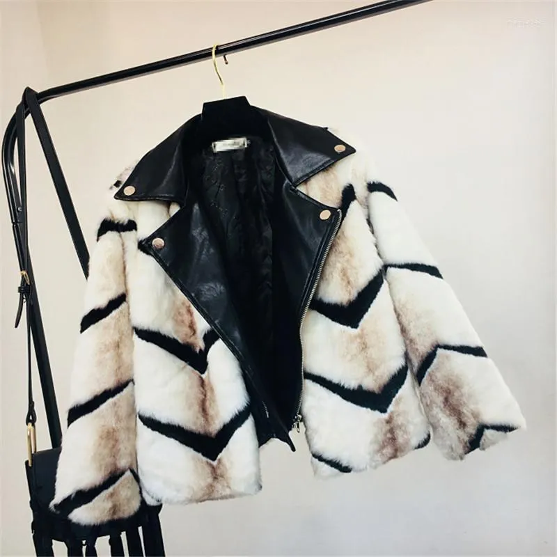 Women's Fur MUMUZI Faux Coat Women Winter Warm Artifical Striped Overcoat Female Ladies Leather Patchwork Jacket