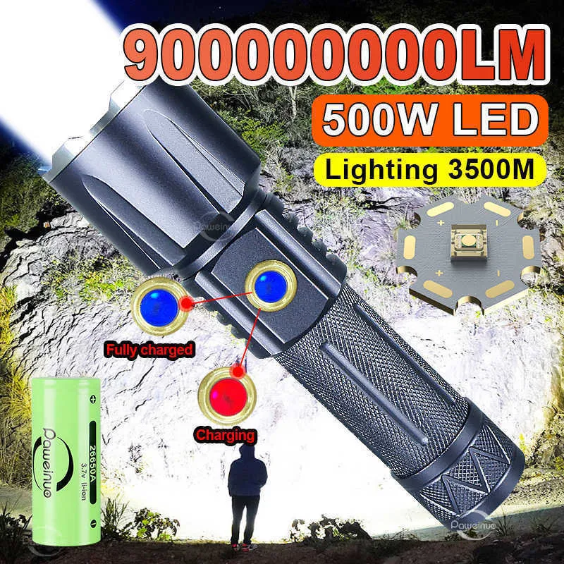 Torce elettriche 90000000LM Torcia LED da 500 W Ricarica Flash Luce USB Torcia LED ad alta potenza 6000 mAh Zoom Lanterna tattica Torcia a tiro lungo L221014