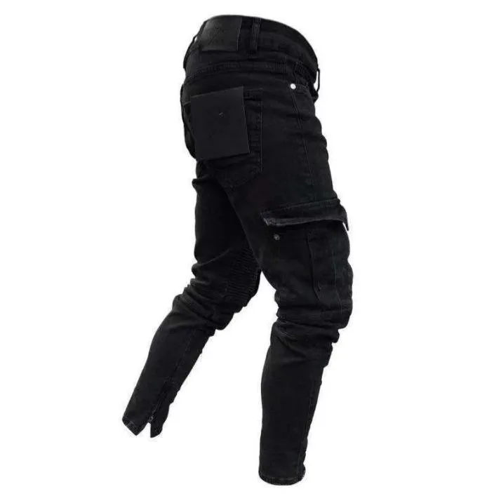 Mens Designer Skinny Jeans Black Man Denim Jean Biker förstörde Frayed Slim Fit Pocket Cargo Pencil Pants Plus Size S-3XL Fashion 772
