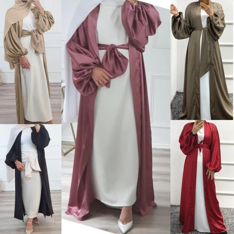 エスニック服eid eid open abaya yamono satin dubai abayas for women bubble sleeveムスリムヒジャーブドレスプレーンモロッコ人カフタントルコイスラム