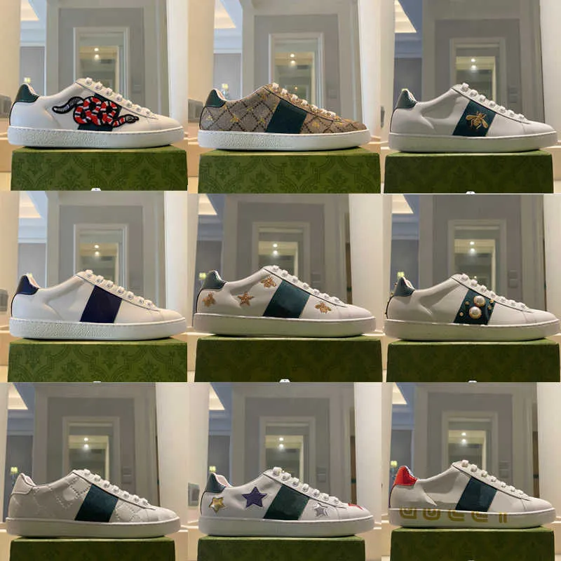 الرجال النساء مصمم أحذية رياضية مخطط جلد أبيض حذاء كاجوال أحذية سلسلة المشارب التطريز ثعبان النمر المشي الرياضة منصة المدربين مع صندوق US5-13.5 NO9