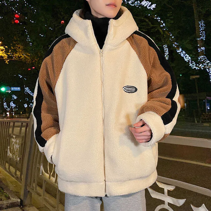 Futro męskie Faux Fur Parkas Paras Mężczyźni luźne z kapturem patchwork zima miękka ciepła przytulna elegancka elegancka zamek błyskawiczny vintage harajuku koreański płaszcz mody nowy t221007