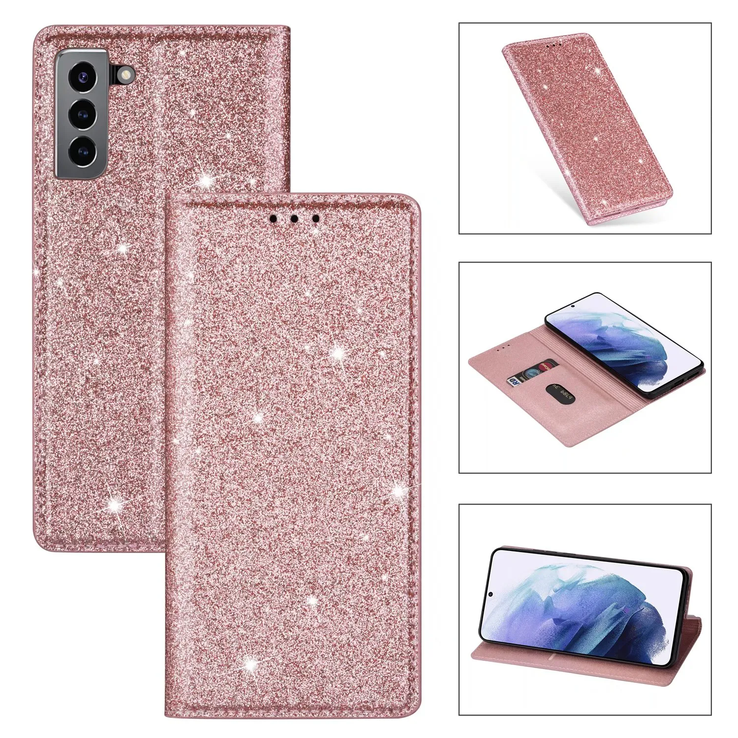 Étuis de téléphone à la mode pour Samsung A35 A55 A15 A25 A24 A14 S24 S23 FE Ultra Plus 5G, portefeuille en cuir à paillettes, étui de luxe scintillant