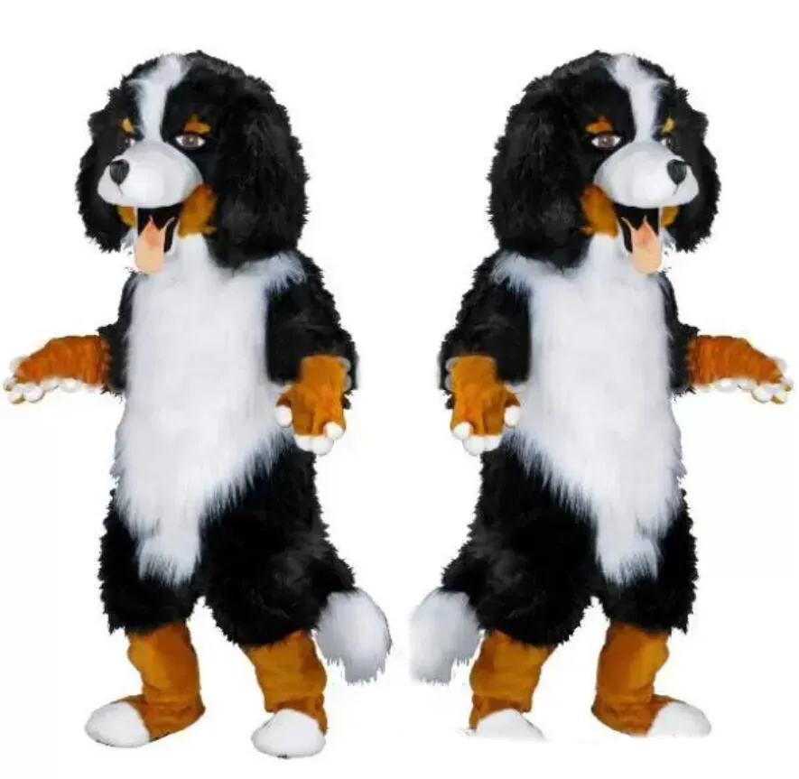 Costume da mascotte personaggio dei cartoni animati del costume della mascotte del cane da pastore nero bianco personalizzato dal design veloce per forniture per feste. Taglia per adulti