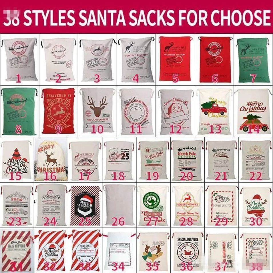 Stock Christmas Santa Sacks Toile Sacs de coton Grands sacs-cadeaux à cordon lourds bio