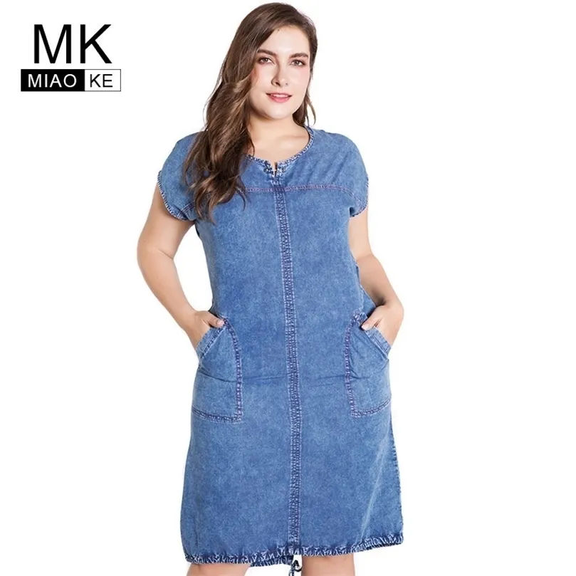 Miaoke Summer Ladies Plus Size Denim Dress Pour Femmes Vêtements Col Rond Poches Élégant 4xl 5xl 6xl Grande Taille Robe De Soirée J190529