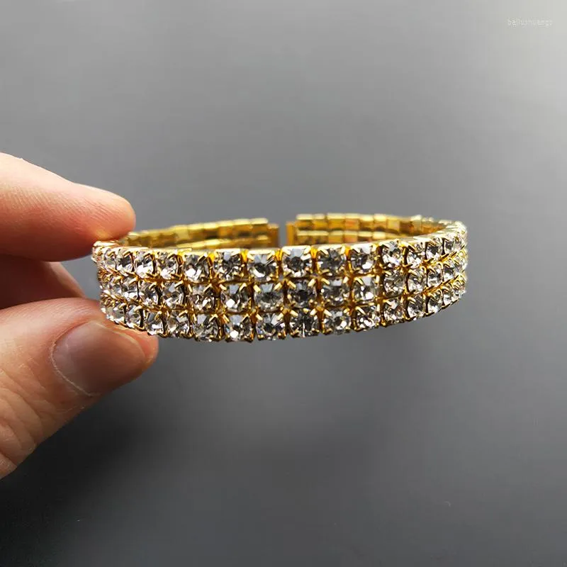 Bangle 3 Rows Crystal Rhinestone Cuff Silver Plated And Gold Color Bridal Wedding Side Open Bracelets For Women