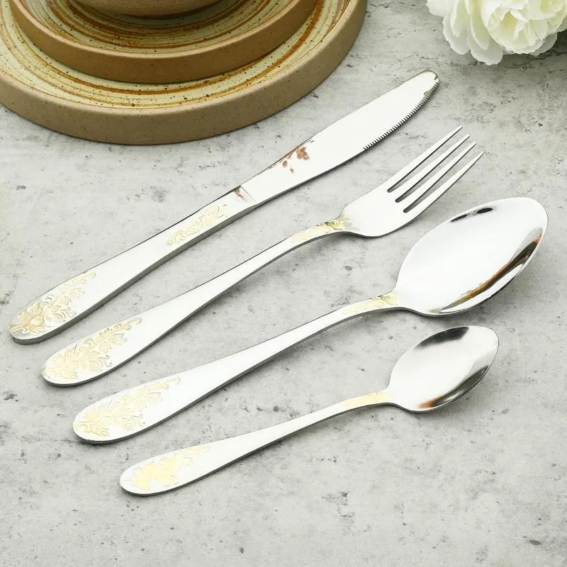 Dinnerware Sets 304 Stainless Steel Cutlery Set Knife Fork Spoon Tableware Carved Golden Pattern Silverware Home Kitchen Flatware