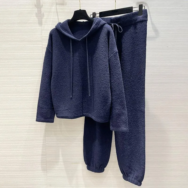 Women's Two Piece Pants 22 Runway Autumn Knit Lamb Wool 2 Set Women Hoodies Long Sleeve Cashmere Pullover Elastic Waist Trousers Lazy Suit