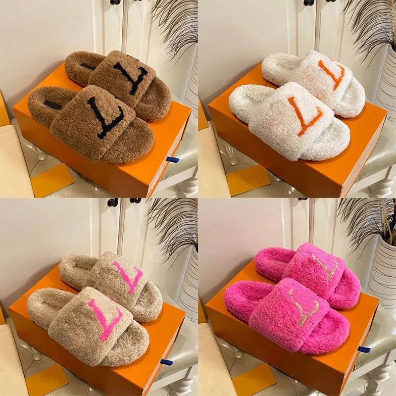 Authentic wool fur slippers womens sandals ladies famous designer fluffy fuzzy slippers winter indoor office casual sneaker shoes mule rubber flip flops sandales