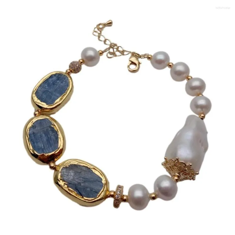 Strang Y.YING Süßwasser-Zuchtperlen, weiße Keshi-Perle, natürliches blaues Kyanit-Armband, modischer feiner handgefertigter Schmuck als Geschenk