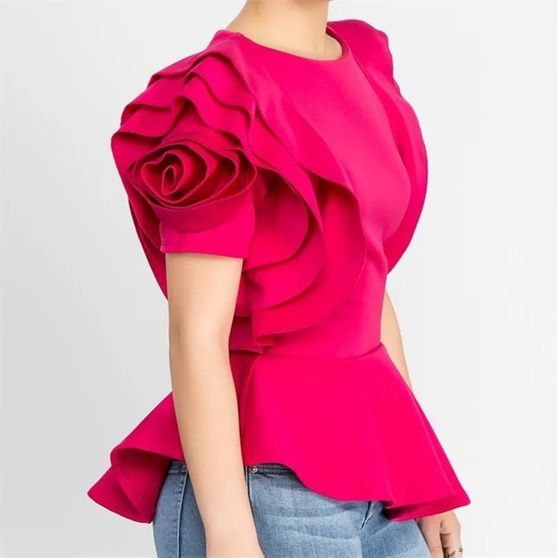 Women Fashion Summer O-neck Ruffles Sleeve Asymmetric Hem Slim Tops Blouse J190613