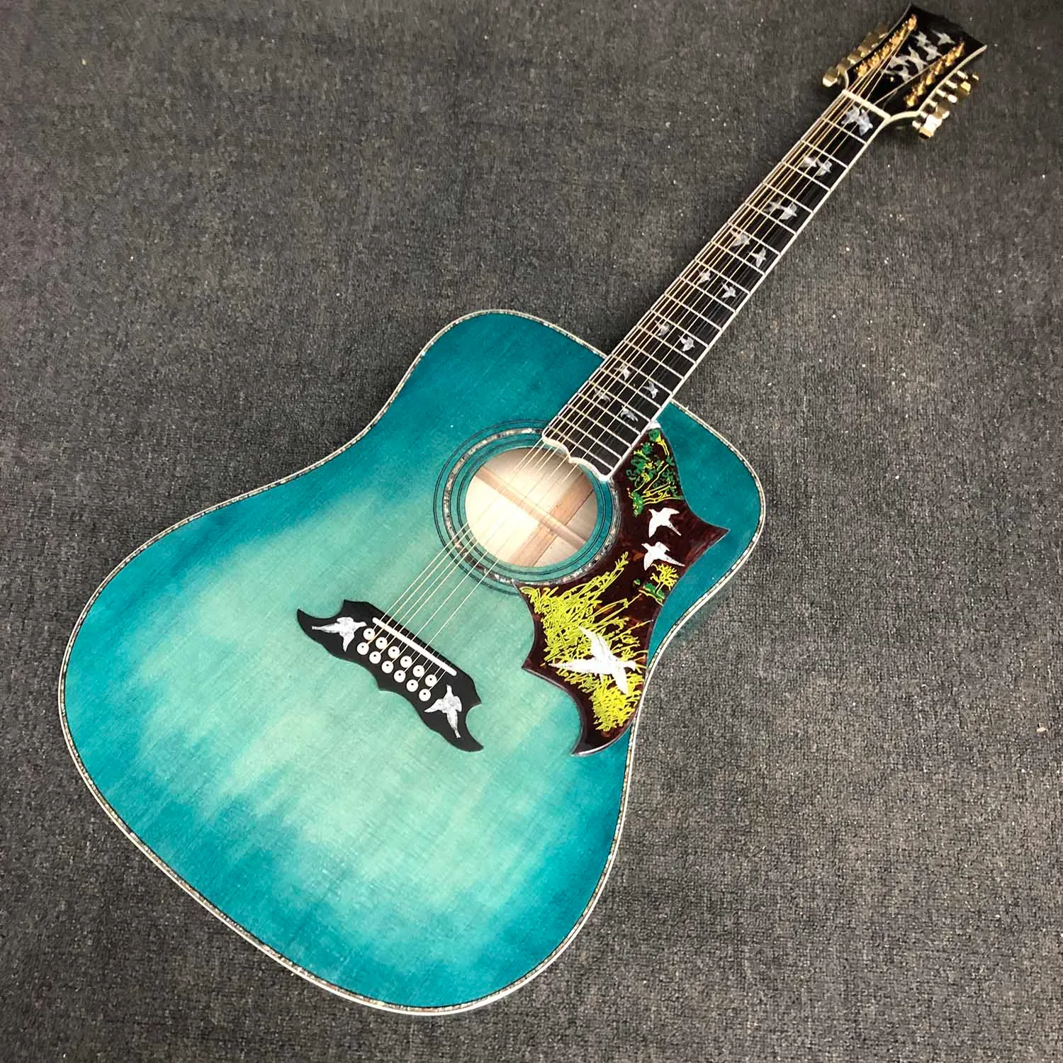 Custom Deluxe aaaa All Solid Acoustic Guitar Birds in Flight Viper Blue Green 12 cordes Dreadnought Guitar avec 550A Soundhole Pr￩ample