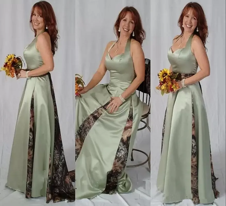 Salie camo moeder van de bruid jurken lange a-line country bruiloft feestjurken halter back veter-up plus size bruidegom mom mom prom avondkleding 2023 aangepaste kleur