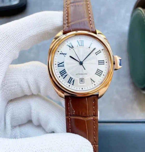 클래식 남성 기계식 자동 스포츠 시계 기하학적 로마 번호 날짜 손목 시계 갈색 가죽 캘린더 시계 수컷 시계 방수 40mm