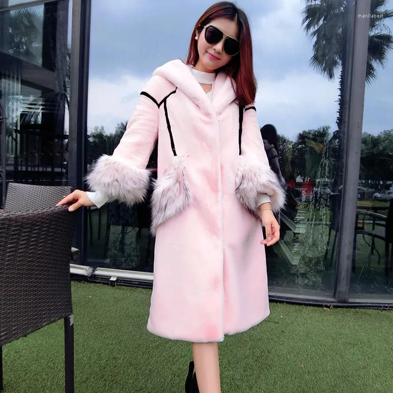 Women's Fur Korean Style Long Hooded Coat Fashion Cute Pink Stitching Color Faux And Rex Outerwear XHSD-149