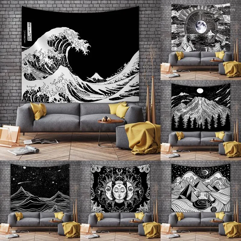 Tapestries Eenvoudige zwart -witte golf hangende doek Noordse stijl Sun Moon Slaapkamer Decoratief tapijt