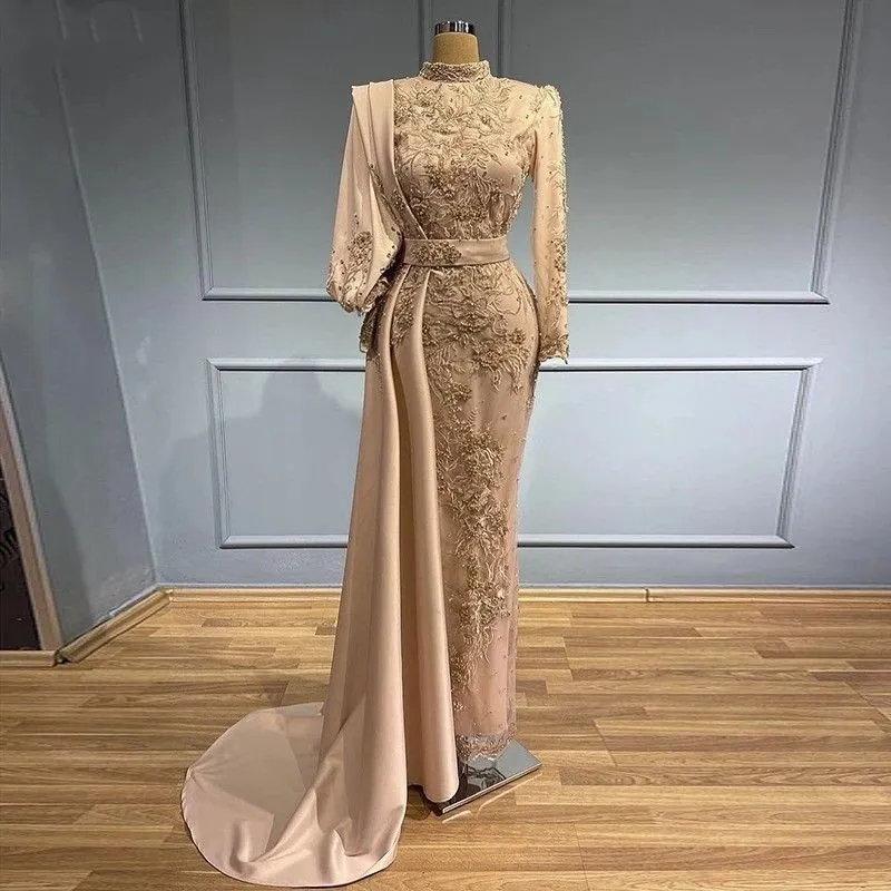 Muslim Dubai Arabic Mermaid Evening Dresses With Long Sleeves High Collar Embroidery Lace Beaded Prom Gowns Peplum Elegant Satin Vestidos De Festa