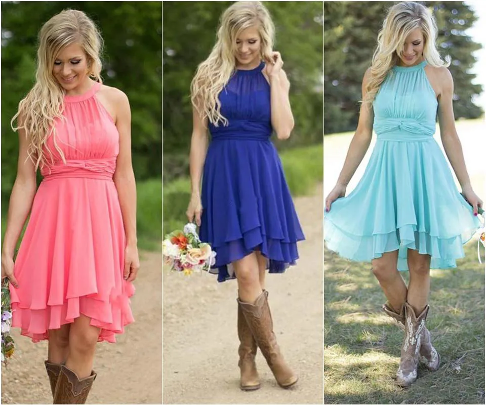 Country Style Short Bridesmaid Dresses Watermelon Royal Blue real picture High Low Cheap Halter Ruched Backless Summer Boho Dresses