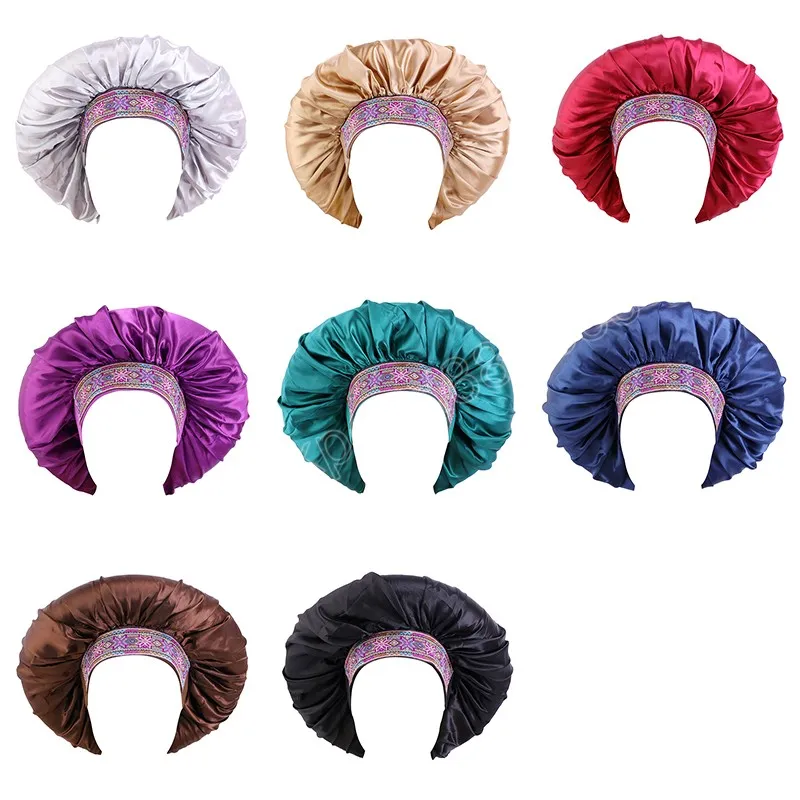 Bohème Satin Bonnet Large Bande Élastique Bonnets Cap Soild Couleur Headwrap Pour Femmes Style Ethnique Nuit Sommeil Chapeau Soins Des Cheveux Chemo Caps