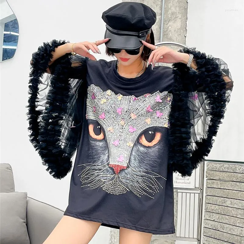 Women's T Shirts Mesh Sleeve Glitter Cartoon Tops For Women Casual Loose Tees Round Neck Petal Blouse