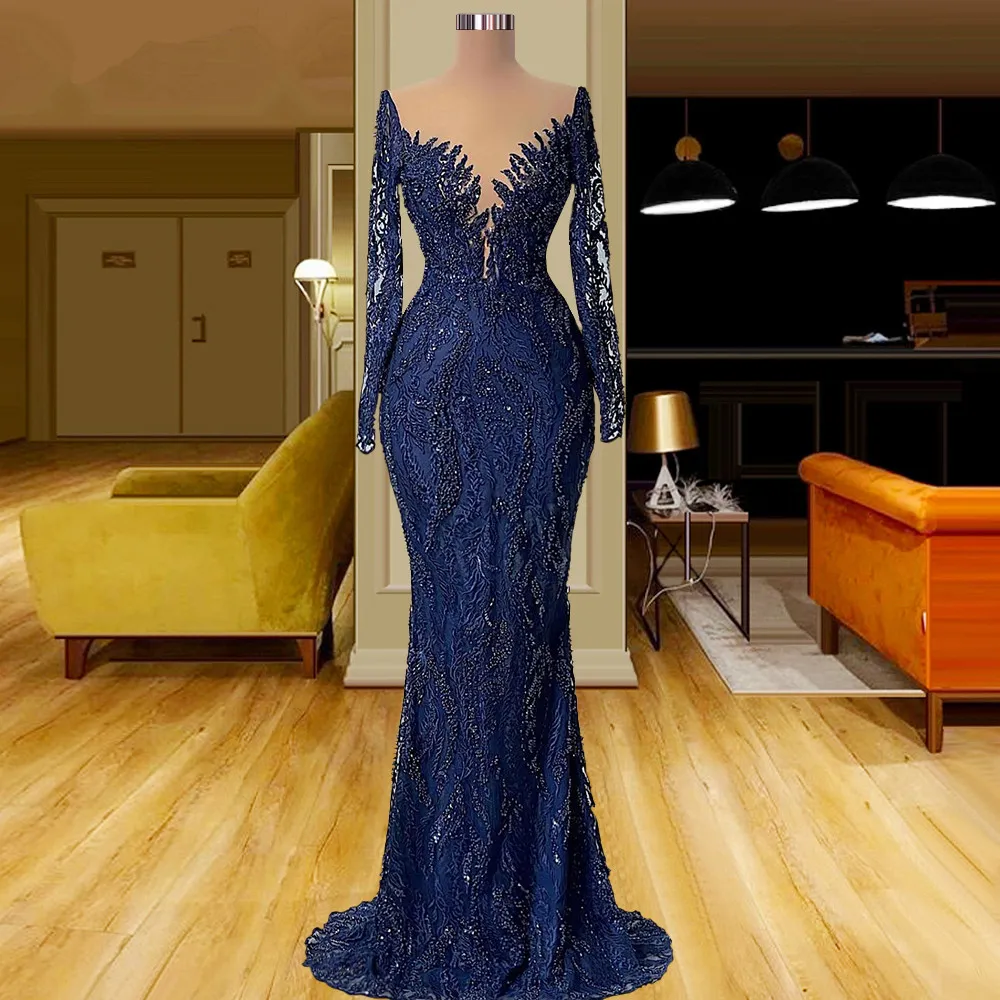 독특한 네이비 블루 인어 댄스 파티 드레스 레이스 구슬 파티 드레스 긴 슬리브 v 넥 커스텀 메이드 이브닝 드레스