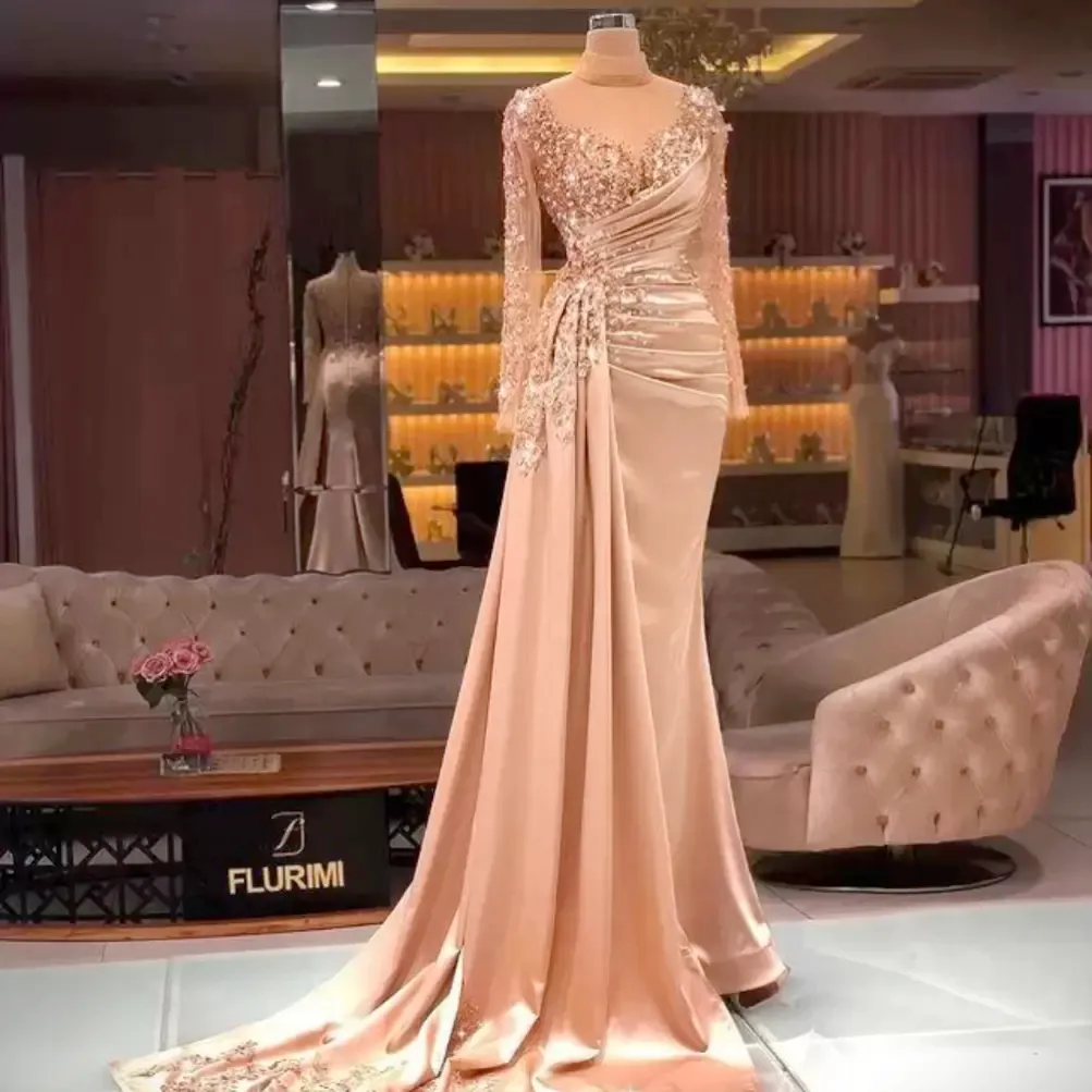 Arabisch aso ebi luxueuze kralen zeemeermin formele avondjurken lange mouwen lange mouwen hoge nek peplum satin prom feestje optochtjurk tweede receptie jurken