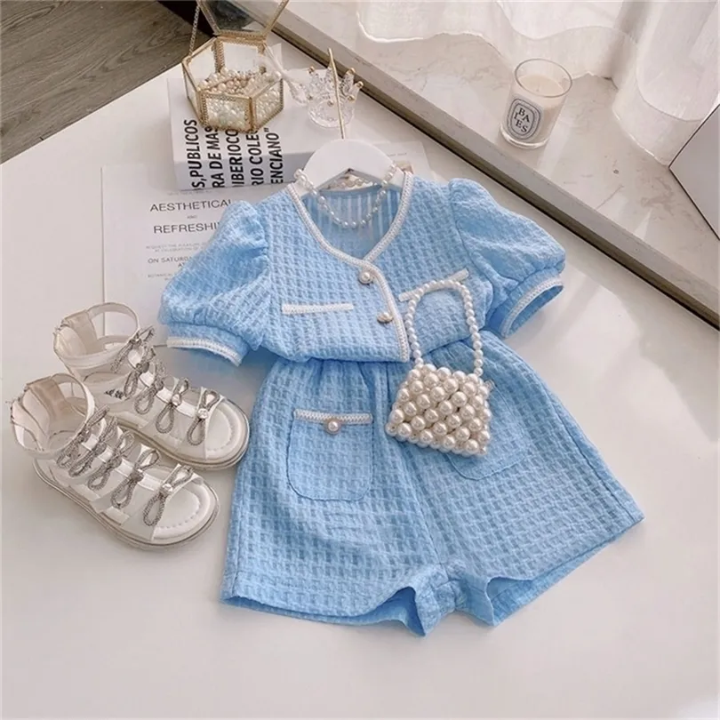 Summer Girls 'Set Blue Color Vintage Детская одежда набор клетчатая рубашка блузки и шорты детская одежда оптом 220425
