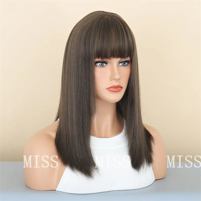 Cosplay Synthetic Wigs With Bangs Natural Straight Fluffy False Hair For Woman Daily Heat Resistant Mid-Length Hair Wig