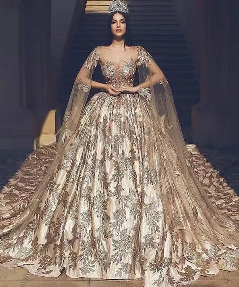 Luxury Dubai Champagne Gold Wedding Dress 2023 Vintage Glitter Sequins Ball Gown Capped Sleeve Long Train Cathedral Church Bride Robe De Mariee Illusion Neckline