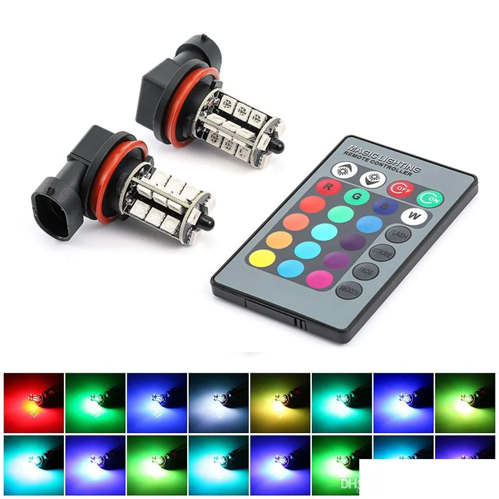 Luci di marcia diurna Luci di marcia diurna a LED per auto Fendinebbia Rgb per 27Smd Colorf H11 con telecomando Flash Strobe 16 modelli Dht3F