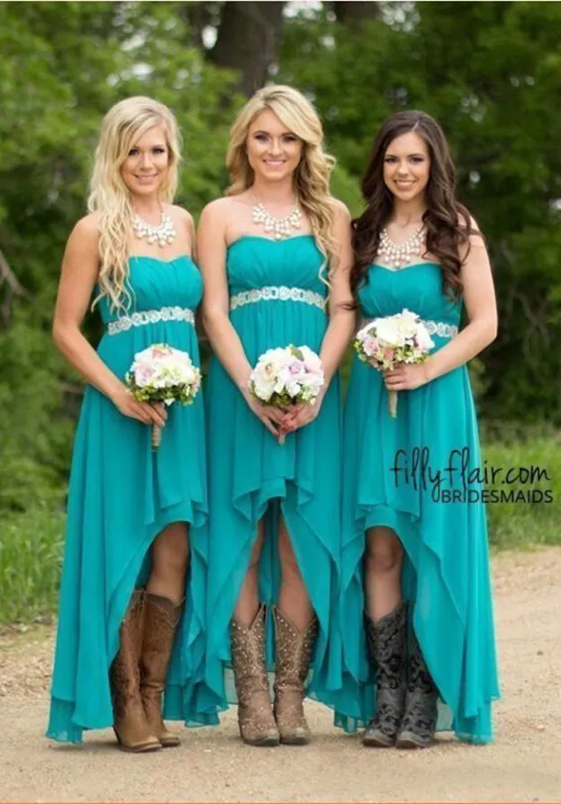 Cheap Country Bridesmaid Dresses Long Chiffon Sweetheart High Low Beaded Wedding Guest Bridesmaids Dress Maid Honor Gowns