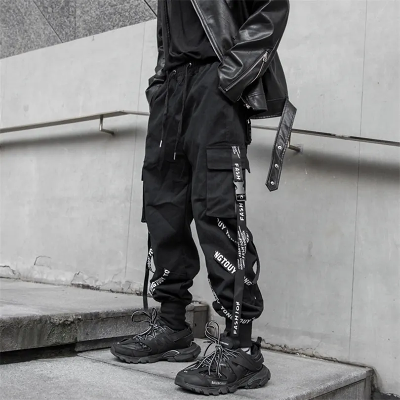 Houzhou Black Cargo Pants Men Joggers Spodnie dla mężczyzn jogging japońska streetwear hip hippie technologiczna gotycka wstążka 220713