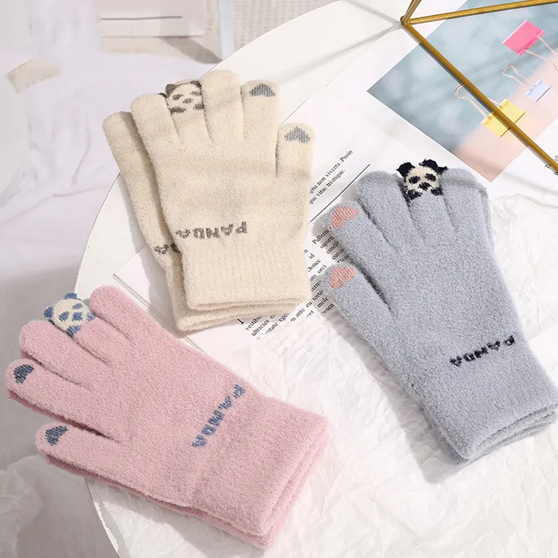 Women Winter Textile Touch Screen Thicken Warm Knitted Gloves Panda Stretch Glove Imitation Wool Full Finger Outdoor Skiing Cycling zxf18