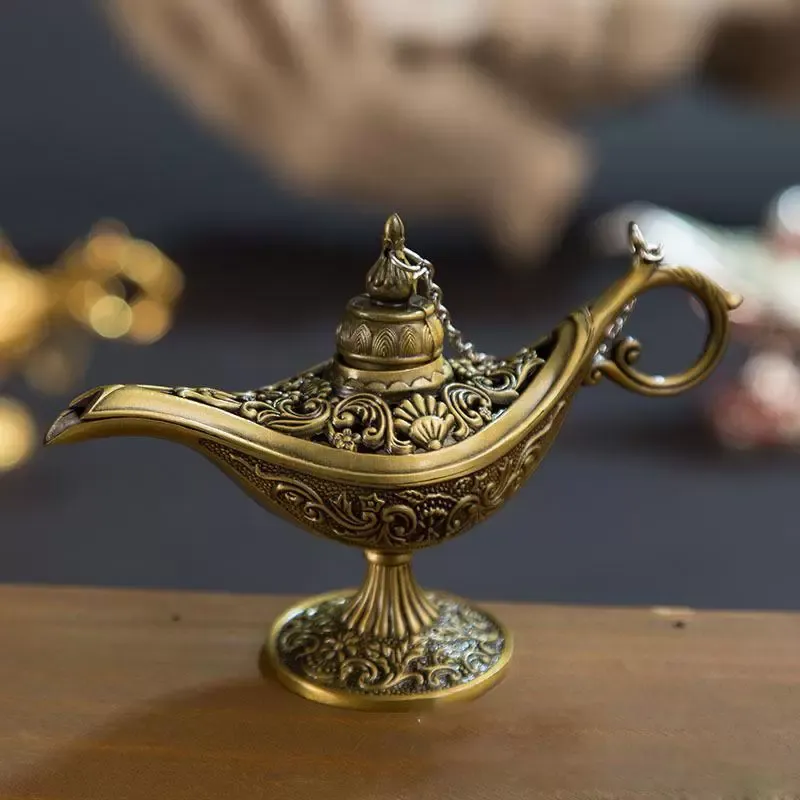 Excellent conte de fées Aladdin lampe magique brûleur d'encens Vintage rétro théière génie lampe arôme pierre maison ornement métal artisanat RRE15130
