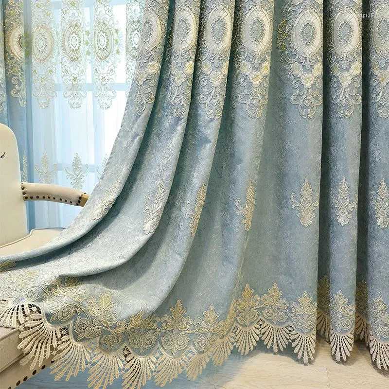 Curtain Blue European Style Simple Gold Thread Embroidered Curtains For Living Room Bedroom Study Blackout Customization