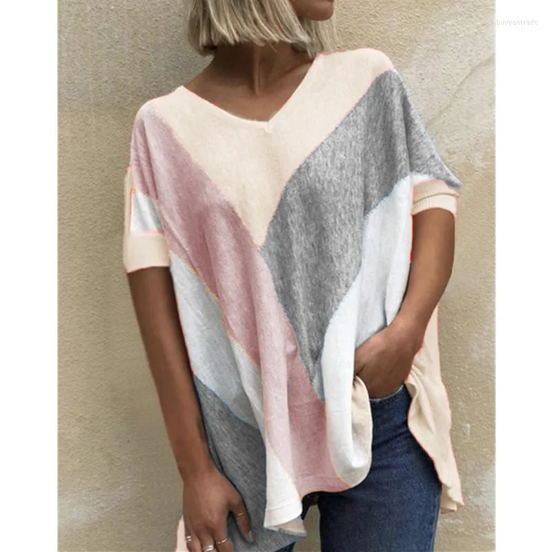 Women's T Shirts Women's T-shirt Kvinnor Fashion V-Neck Patchwork Kort ärm Batwing Tops Ladies Casual Loose Tee Shirt Female Plus