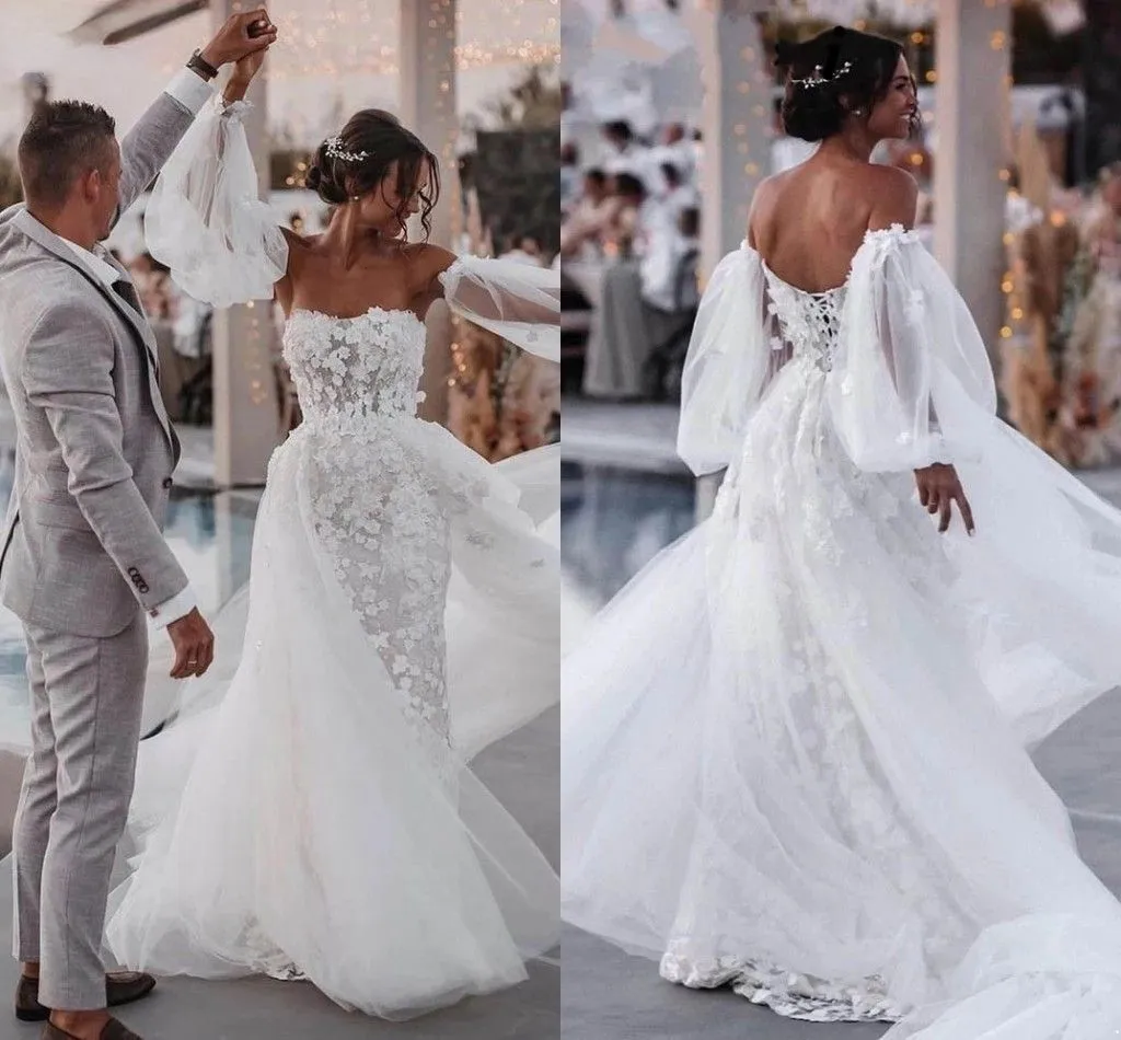 2023 Robes de mariée sirène robe nuptiale avec manches longues 3D appliques florales tulle surserkirt dentelle personnalisée plage country plus taille vestido de novia 403 403