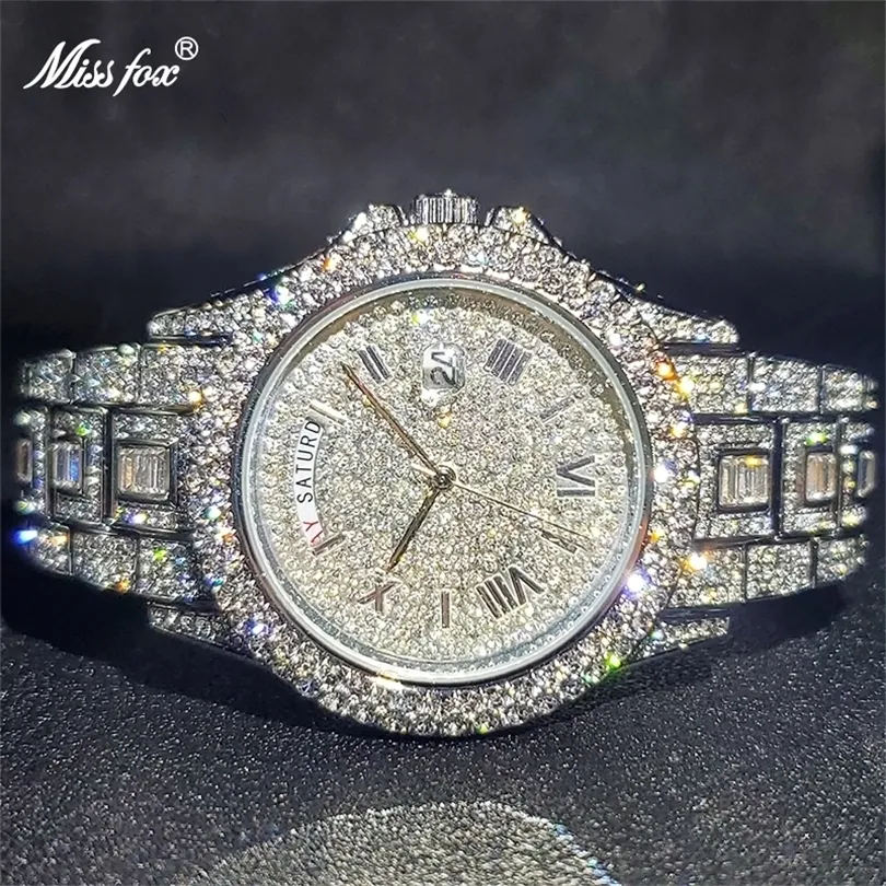 Ucuz kol saatleri relogio maskulino missfox buz çıkış elmas izleme çok işlevli gündüz tarih ayar takvim kuvars erkekler için saatler dro 221018